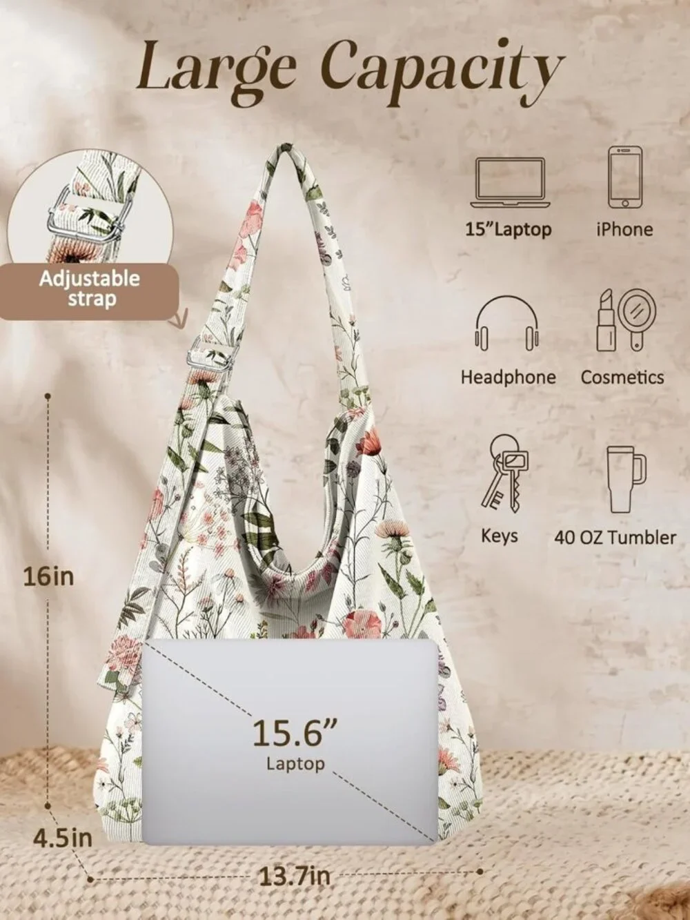 Stylish Large Corduroy Hobo Tote Bag for Women - Zipper Closure, Versatile